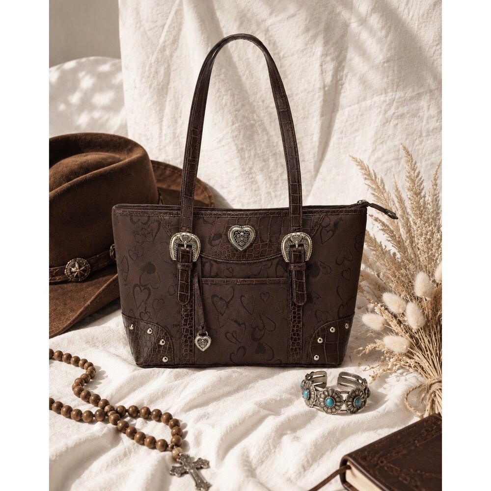 Western Heart Buckle Brown Faux Croc Tote Bag